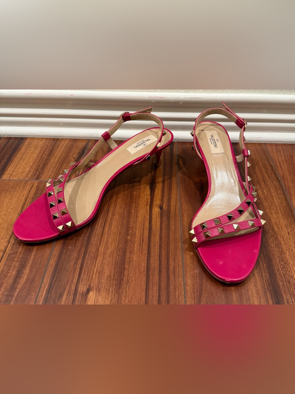 VALENTINO GARAVANI Rockstud Ankle-Strap Kitten Heel Sandals in Fuchsia Pink